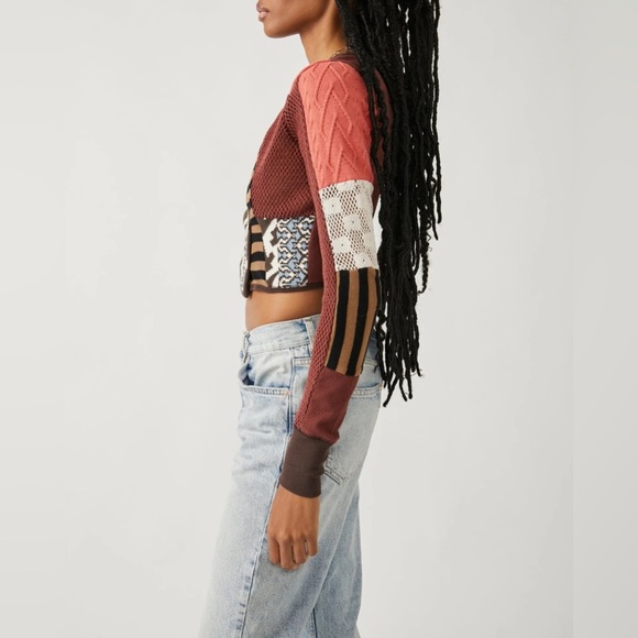 NWT Free People Pieces Of Me Brown Patchwork Crop Button Down Cardigan Top Large - Picture 3 of 8